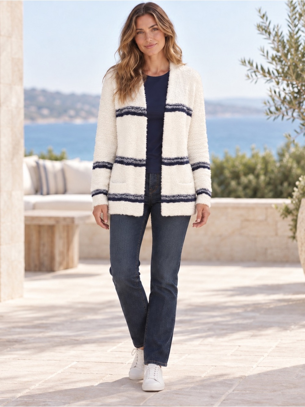 Style & Co. White Cardigan with Navy Stripes